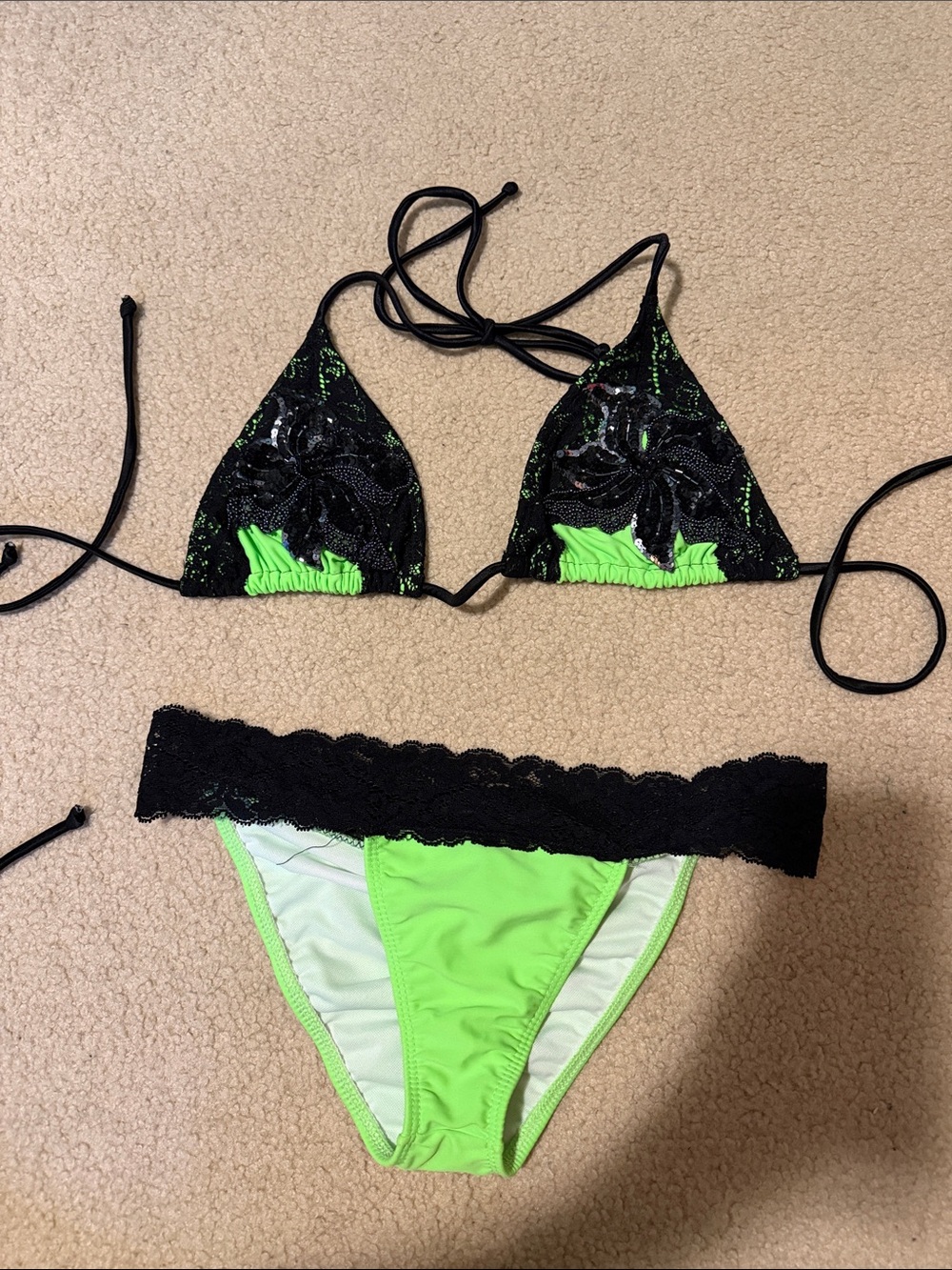 Neon Green & Black Lace-Trim Triangle Bikini - Women Swim